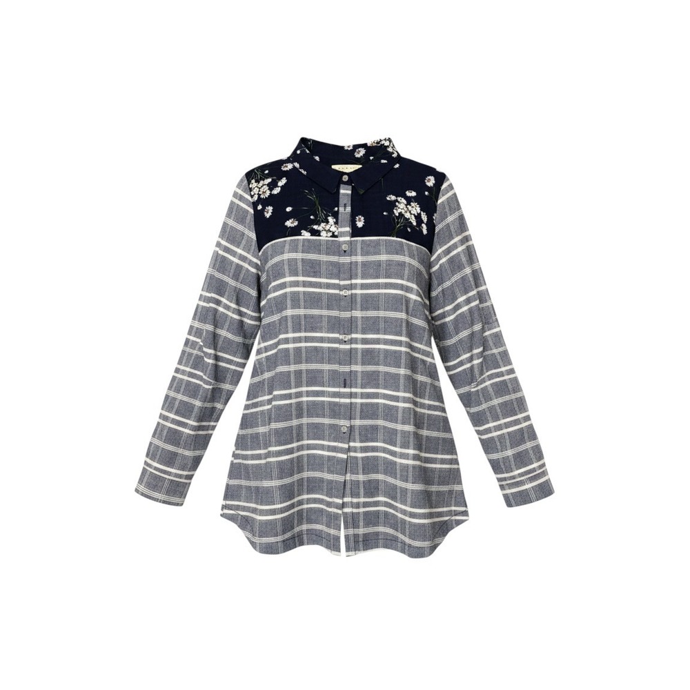 Promesa Womens Plaid Floral Mixed Media Button Down Shirt Blue White Medium